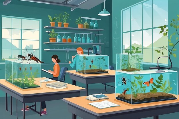 気候変動が昆虫の集団に及ぼす影響を研究する生徒が参加する生物学実験室を例示してください