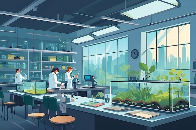 Photo illustrate a biology lab with students studying the effects of pollution on terrestrial ecosystems vector illustration in flat style