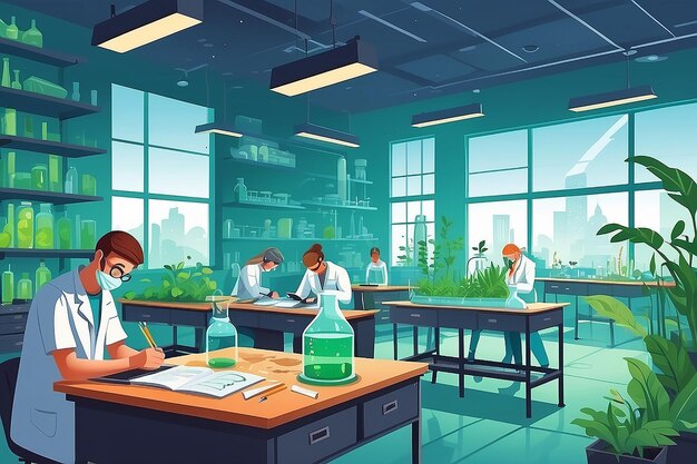 Photo illustrate a biology lab with students studying the effects of pollution on terrestrial ecosystems vector illustration in flat style