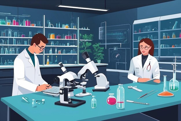 Illustrate a biology lab with students studying genetic engineering and CRISPR technology vector illustration in flat style