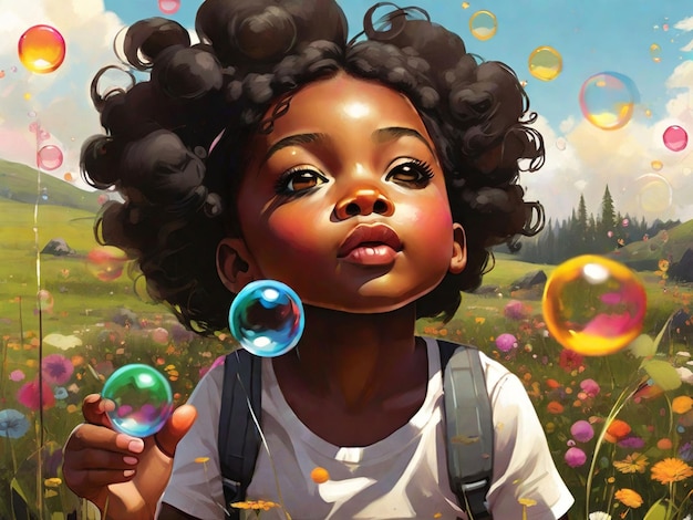 illustrate a black child blowing colorful bubbles