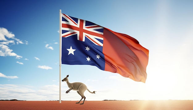 Illustrate a bounding kangaroo in the australian outback with the blue red and white flag of aust