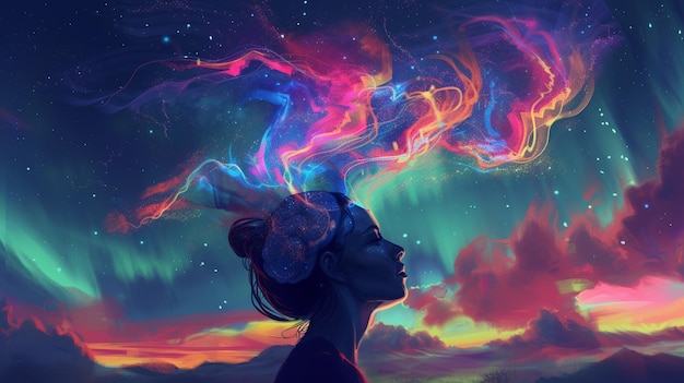 Illustrate brainwaves emanating from a thinkers head forming an aurora of vibrant creative energy in the sky