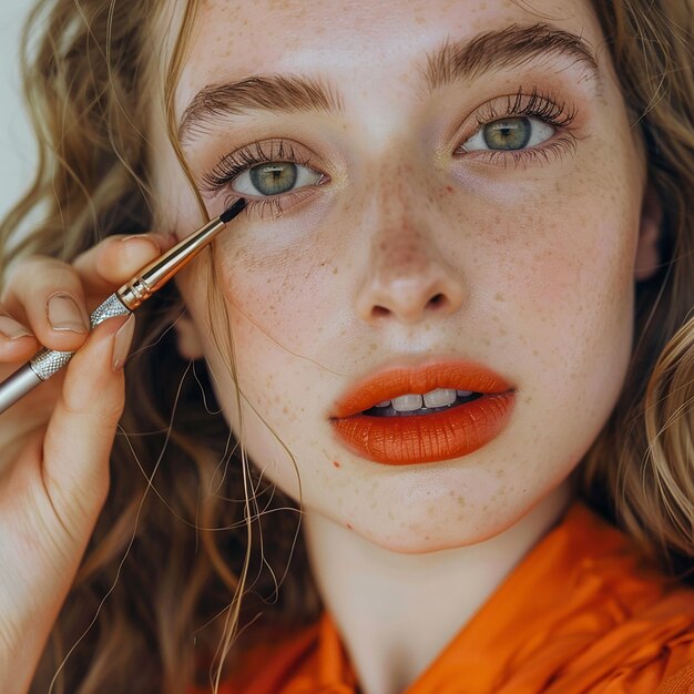 Photo illustrate a charming scene featuring a beautiful european girl skillfully doing her makeup capturi