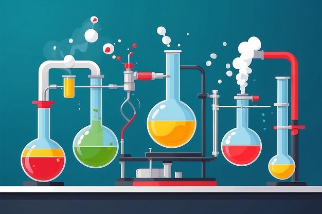 進行中の化学反応を示し実験ベクトルイラストの視覚的要素を強調し平らなスタイルの実験を示します