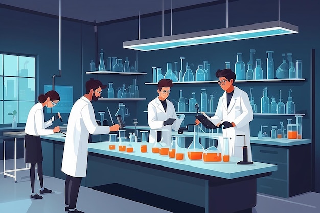 Illustrate a chemistry lab with students conducting experiments on the properties of graphene vector illustration in flat style