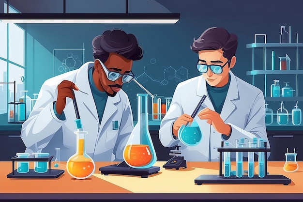 Illustrate a chemistry lab with students conducting experiments on the properties of graphene vector illustration in flat style