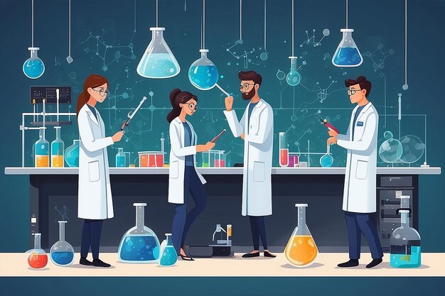 Illustrate a chemistry lab with students conducting experiments on the properties of graphene vector illustration in flat style