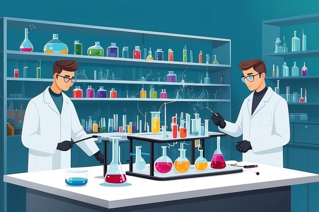 Illustrate a chemistry lab with students conducting experiments on the properties of graphene vector illustration in flat style