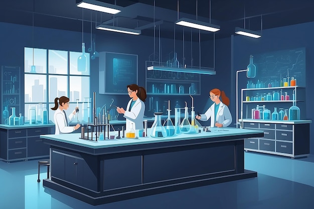 Illustrate a chemistry lab with students conducting experiments on the properties of graphene vector illustration in flat style