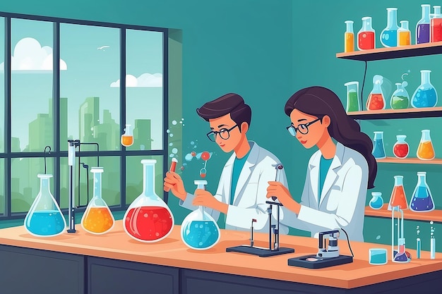 Illustrate a chemistry lab with students conducting experiments on the properties of nanomaterials