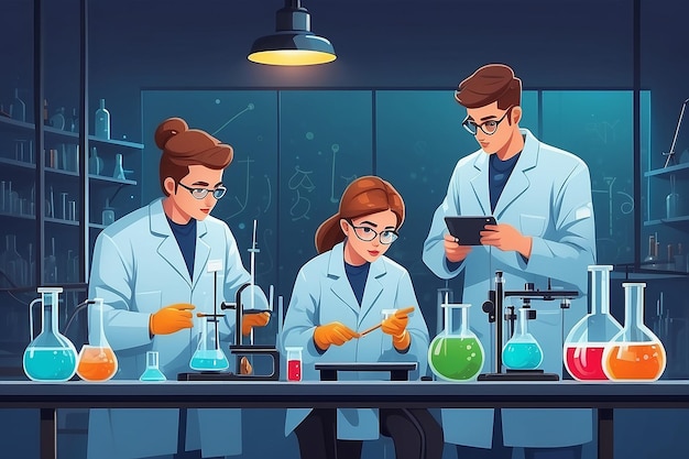 Illustrate a chemistry lab with students conducting experiments on the properties of nanomaterials