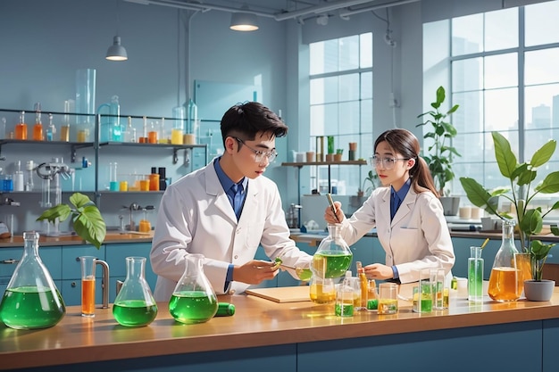 Illustrate a chemistry lab with students conducting experiments on sustainable materials vector illustration in flat style
