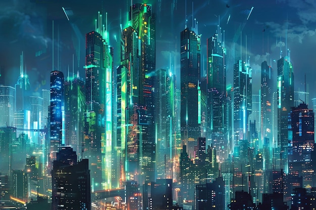 Illustrate a city skyline where biodigital skyscra generative ai