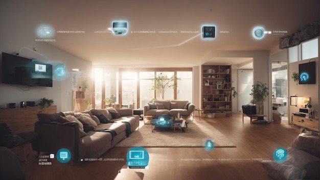 Photo illustrate the concept of the internet of things with an image of a smart home featuring various