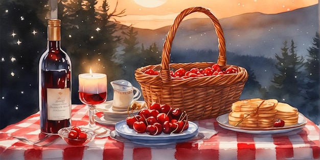 Illustrate a cozy scene with a checkered blanket spread out under a starry sky show a basket filled