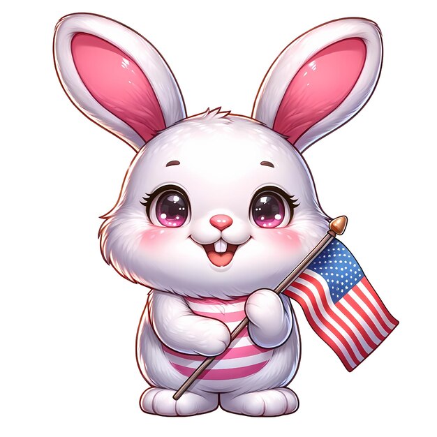 Photo illustrate a cute easter bunny with a happy face holding a usa flag in one hand jpg