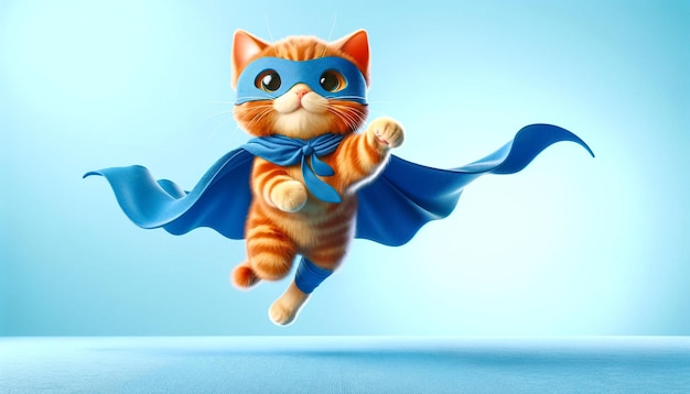 Illustrate a cute orange tabby kitty portrayed as a superhero with a blue cloak and mask