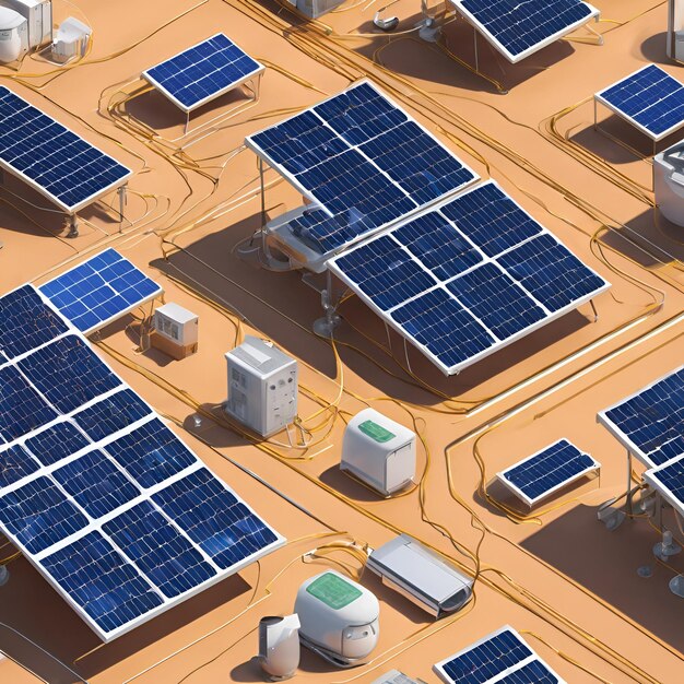 Illustrate a detailed vector graphic showing the inner workings of a solarpowered smart grid high