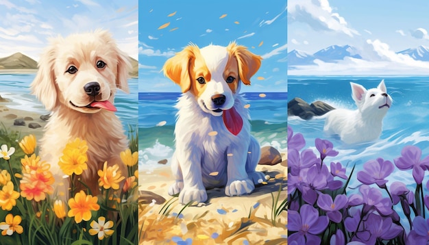 Illustrate a dog in different seasonal settings a pup in the snow a dog with flowers in spring