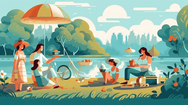 Illustrate a family enjoying a picnic in a sunny park
