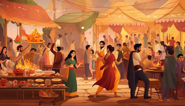 Illustrate a festive lohri market bustling with activity