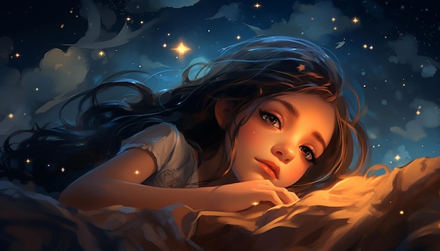 Photo illustrate a girl lying on a blanket gazing up at the night sky filled with stars she could be surrounded by celestial elements like moons and constellations captu 17