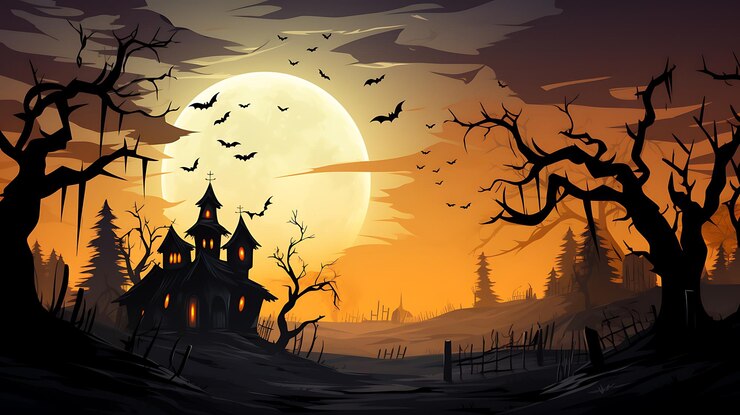 Photo illustrate a halloween background with haunted house and spooky elements