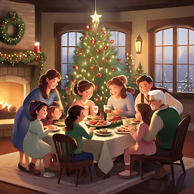 Photo illustrate a heartwarming scene of a family gathering around the christmas tree exchanging gifts a