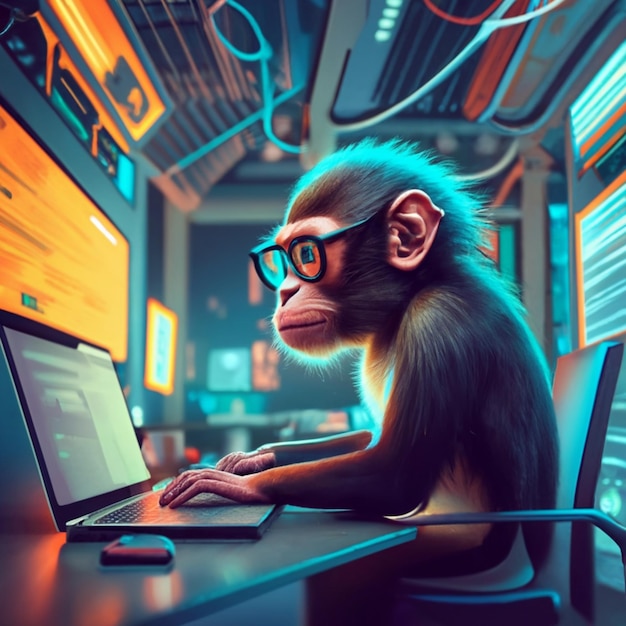 Photo illustrate a jenius monkey doing coding with laptop