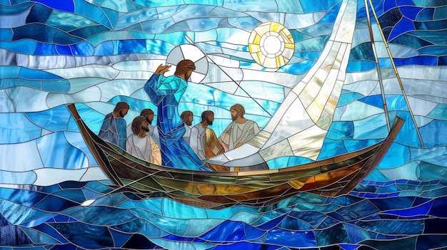 Illustrate Jesus walking on water in a stained glass design with shades of blue and white capturing the miracle and the disciples awe in the boat