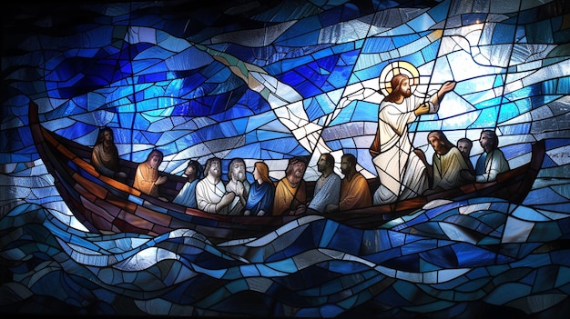 Illustrate Jesus walking on water in a stained glass design with shades of blue and white capturing the miracle and the disciples awe in the boat