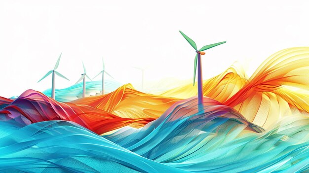 Photo illustrate the journey towards renewable energy with lively gradient lines in a single wave style isolated on solid white background