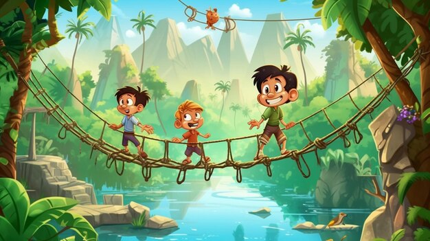 Illustrate kids crossing a rickety rope bridge high above a jungle river