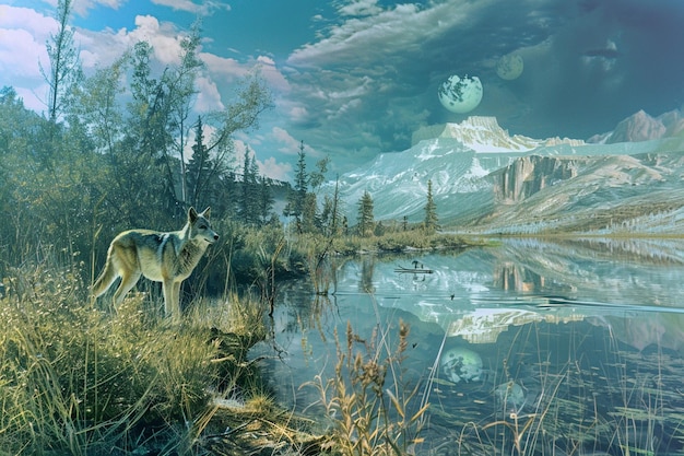 Illustrate a landscape where holographic wildlife generative ai
