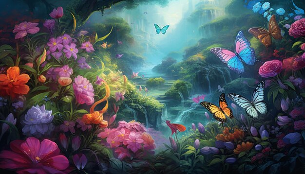 Illustrate a lush garden filled with various types of flowers and butterflies This could be a colorful and vibrant scene with butterfli