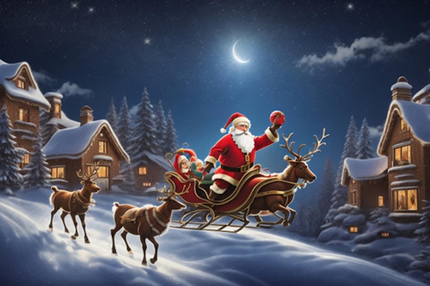 Illustrate a magical scene of Santa Claus flying in his sleigh pulled by reindeer across a star