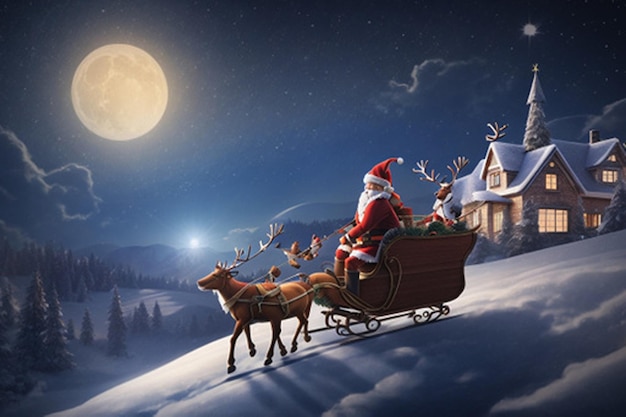 Photo illustrate a magical scene of santa claus flying in his sleigh pulled by reindeer across a star