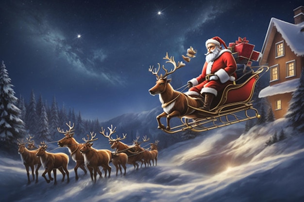 Illustrate a magical scene of Santa Claus flying in his sleigh pulled by reindeer across a star