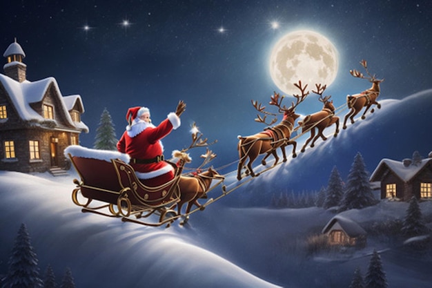 Illustrate a magical scene of Santa Claus flying in his sleigh pulled by reindeer across a star
