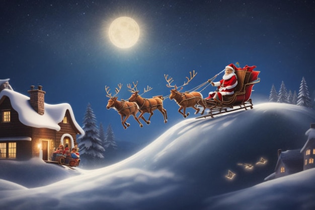 Illustrate a magical scene of Santa Claus flying in his sleigh pulled by reindeer across a star