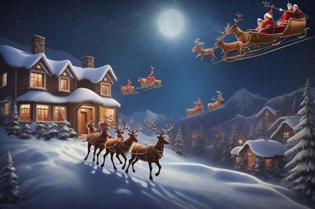 Illustrate a magical scene of Santa Claus flying in his sleigh pulled by reindeer across a star