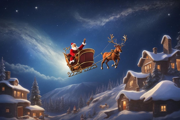 Illustrate a magical scene of Santa Claus flying in his sleigh pulled by reindeer across a star