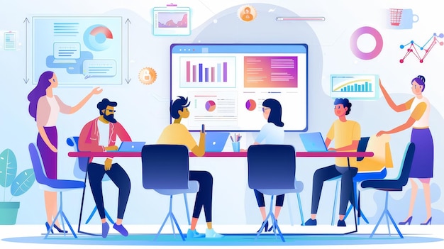illustrate marketing professionals working remotely collaborating via video conference and digital tools emphasize the flexibility and adaptability of modern marketing teams