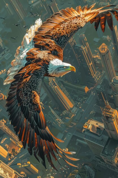 Illustrate a mesmerizing moment where a sleek futuristic camera zooms in on a majestic bald eagle