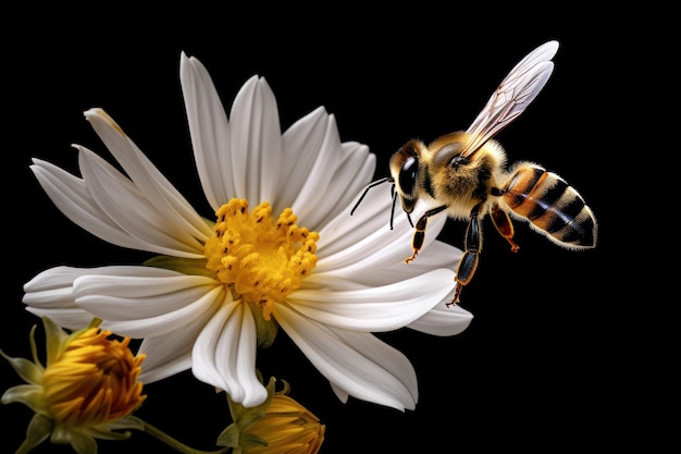 Illustrate the mutualism between a bee and a blooming flower