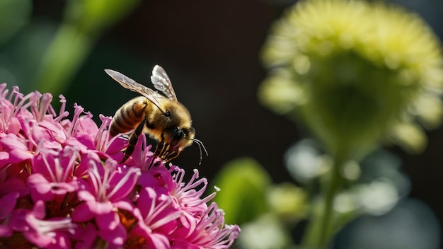 Illustrate the mutualism between a bee and a blooming flower