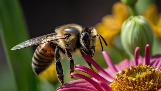 Illustrate the mutualism between a bee and a blooming flower