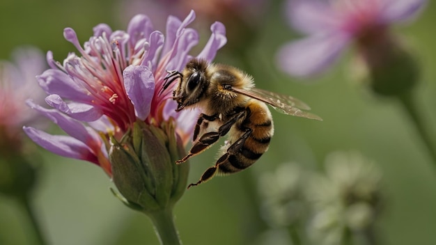 Illustrate the mutualism between a bee and a blooming flower