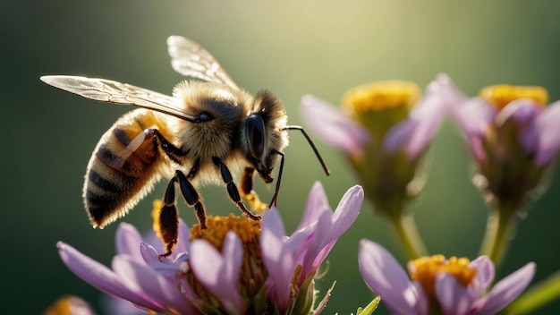 Illustrate the mutualism between a bee and a blooming flower